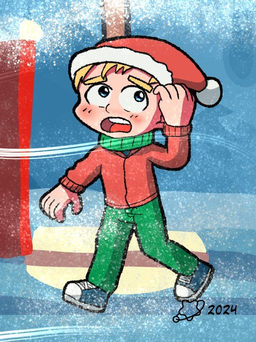 A drawing of a boy walking, waiting for a light parade to come. Part of the Christmas Day Misfortunes series.