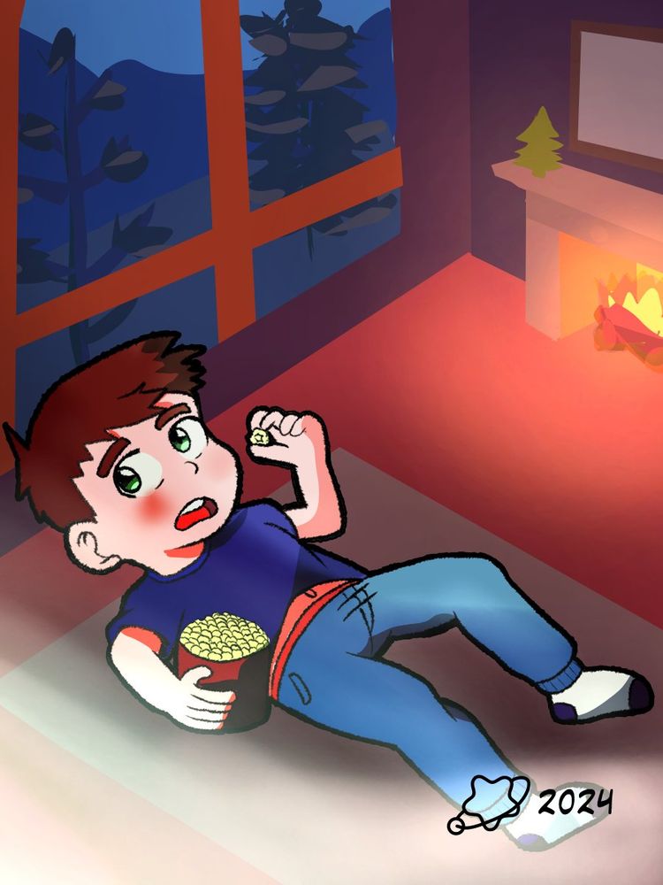 A drawing of a boy eating while watching a movie. Part of the Christmas Day Misfortunes series.