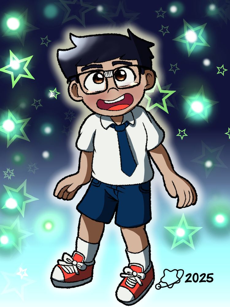 A drawing of a nerd boy looking goofy, dazzled by the lights of other stars.