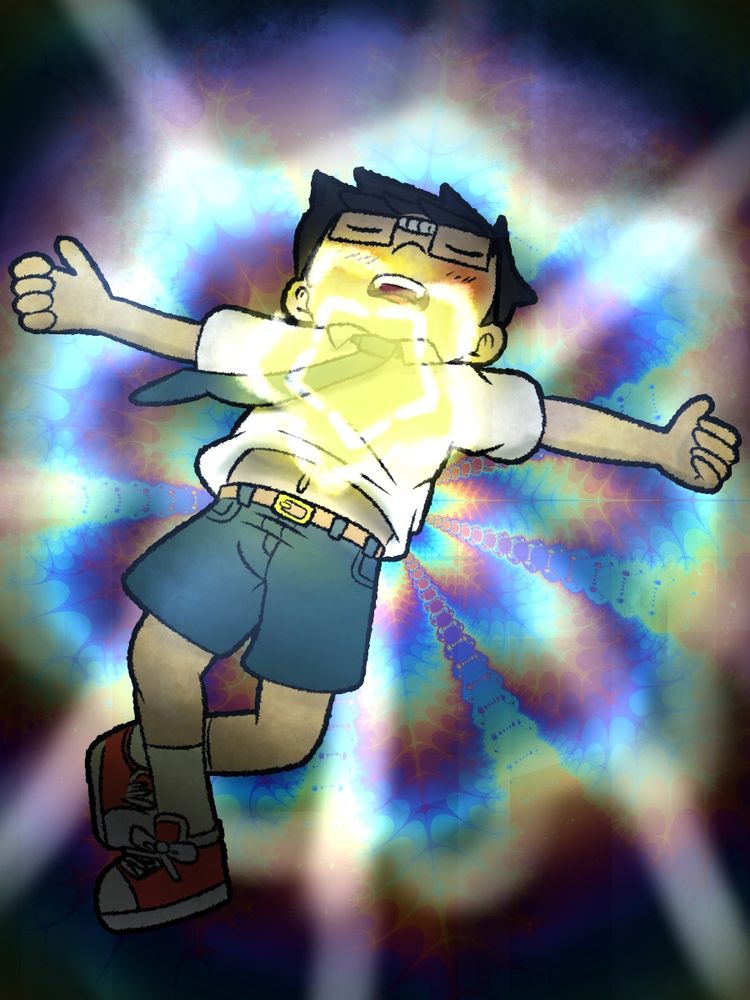 A drawing of a nerd boy chanting a wide range starry environment. 