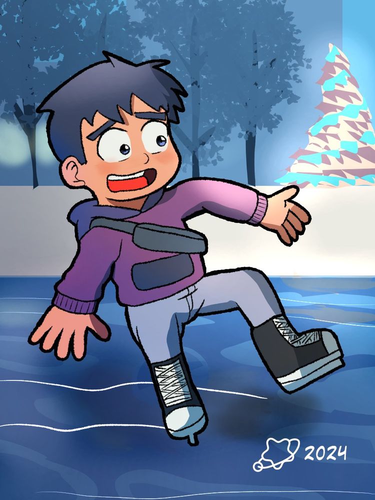 A drawing of a boy trying to keep balance while ice skating. Part of the Christmas Day Misfortunes series.