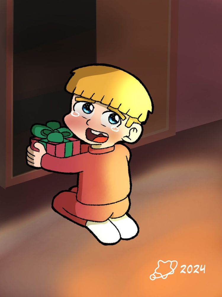 A drawing of a boy finding a present  not on Christmas tree, dumbfounded about what is happening. Part of the Christmas Day Misfortunes series.