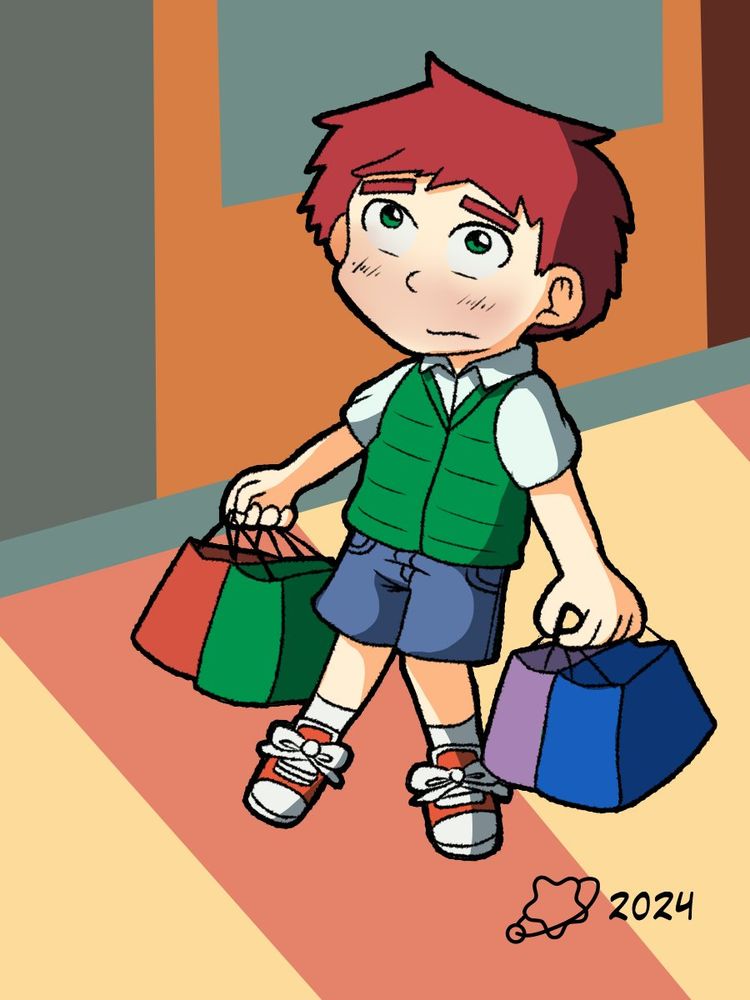 A drawing of a boy holding a lot of shopping bags. Part of the Christmas Day Misfortunes series.