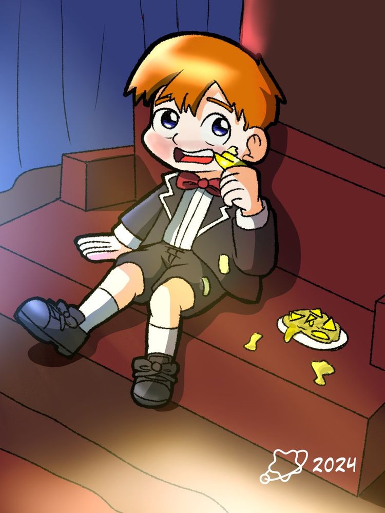 A drawing of a boy waiting for the holiday dinner while eating nachos. Part of the Christmas Day Misfortunes series.