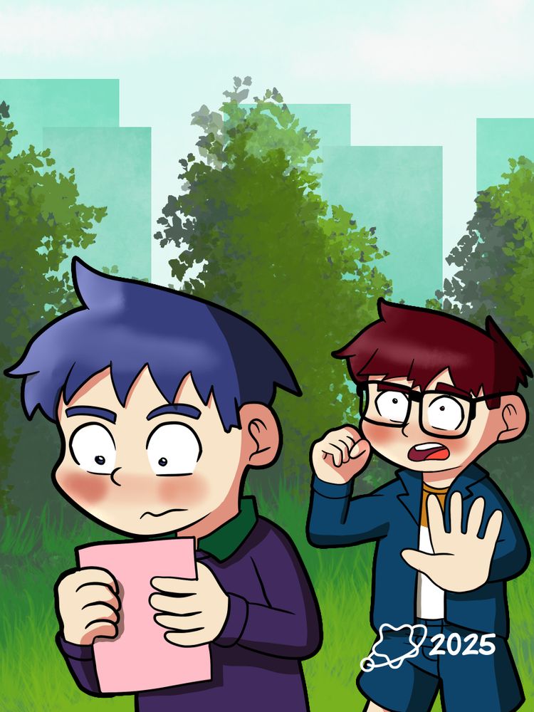 A drawing of Oscar and Roy, a peaceful morning walk in the park. Oscar reading a letter, Roy surprised at his missing letter.