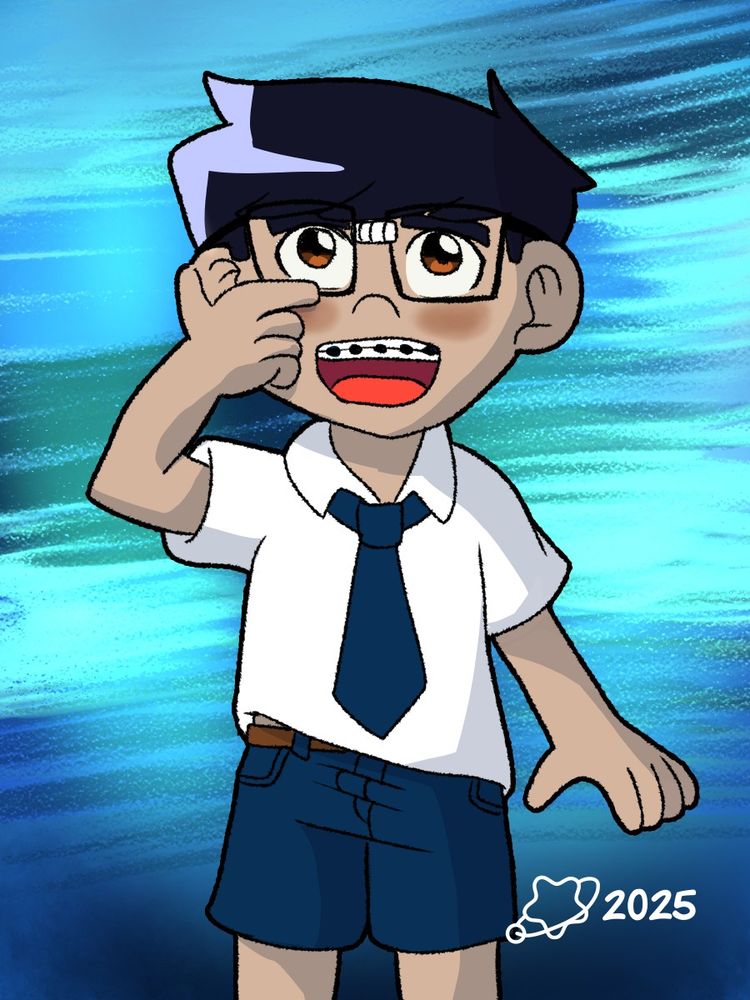 A drawing of a nerd boy, showing his smile despite his braces, and his unbound happiness. 