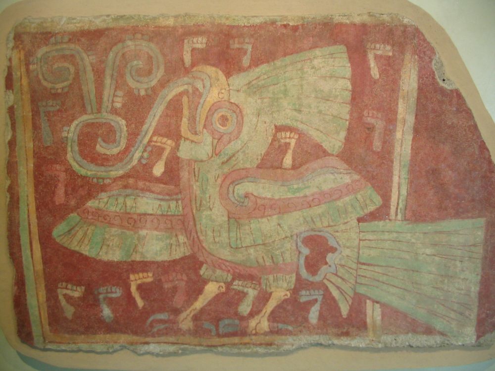 Mural from Teotihuacan, Mexico, depicting a colorful tropical bird with footprints around it