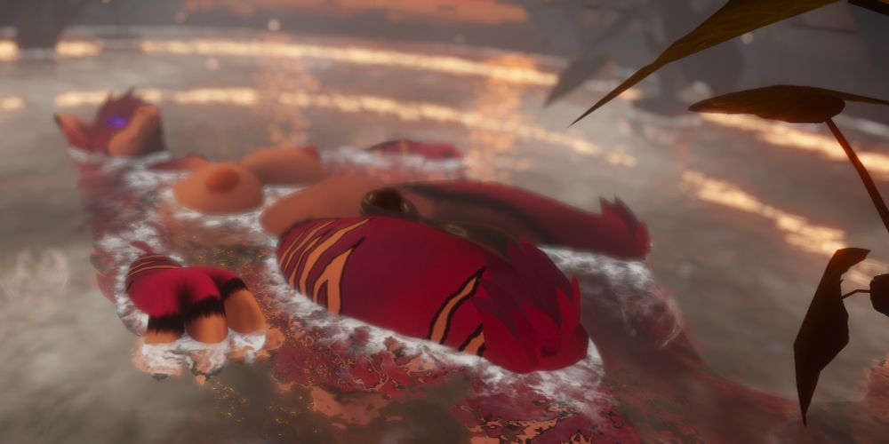 Sammy, floating in large bath, smile on her face. Steam filling the air, plants around the pool.