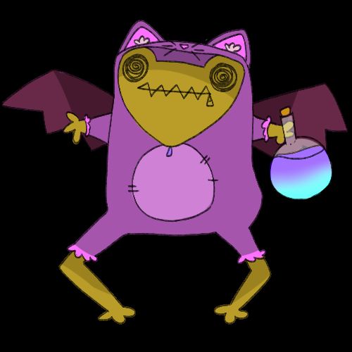 Frog in a pink and purple batty cat onesie. 
