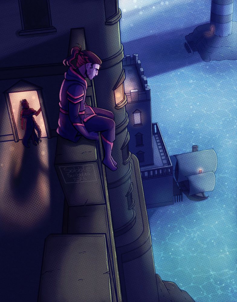 Damien sits on top of the castle battlement at night, looking down at the ocean below. Cass stands in a doorway below, looking up at him.