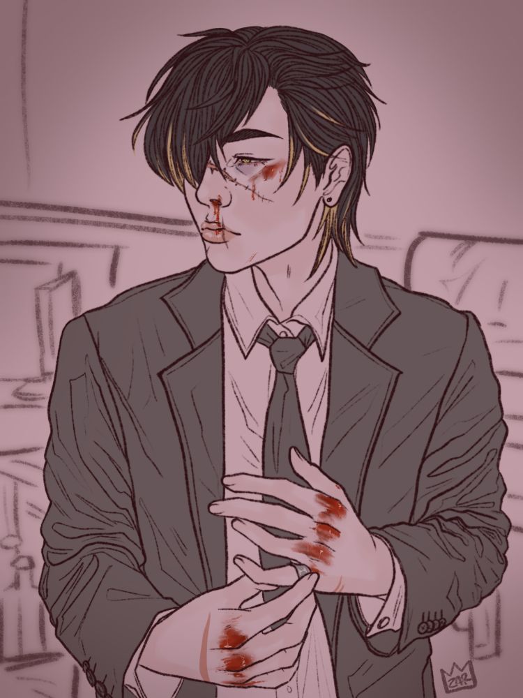 An illustration of Towa from Slow Damage in a suit. The suit is crumpled and wrinkly, and Towa’s knuckles are bloody. He holds a ring on his pinky as he bleeds from the nose,and his cheekbone is scraped. He’s got scars on his exposed skin and hair that falls over one eye, a gradient of black roots and bleached ends. 