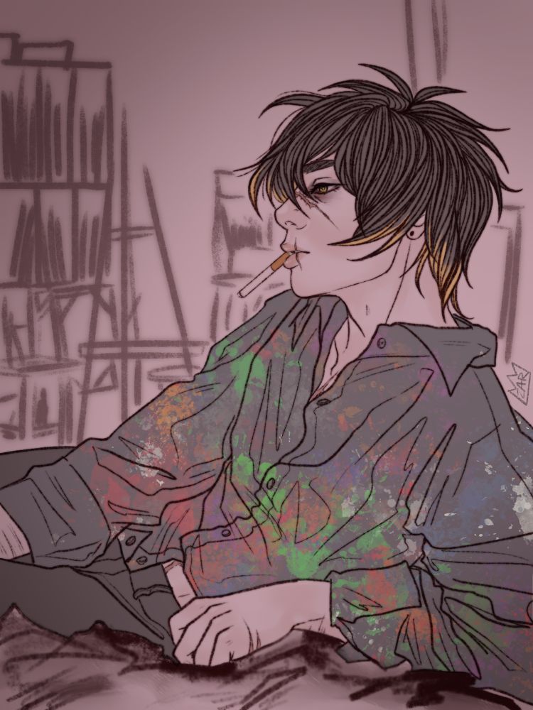 An illustration of Towa from Slow Damage lounging in a paint-stained black shirt. He’s covered in scars and has an unlit cigarette hanging from his lips. His expression is contemplative, and he’s seen in profile. His hair is a light, messy black with brassy bleach blond tips. In the background you can see sketch lines depicting his messy artist’s studio apartment. 
