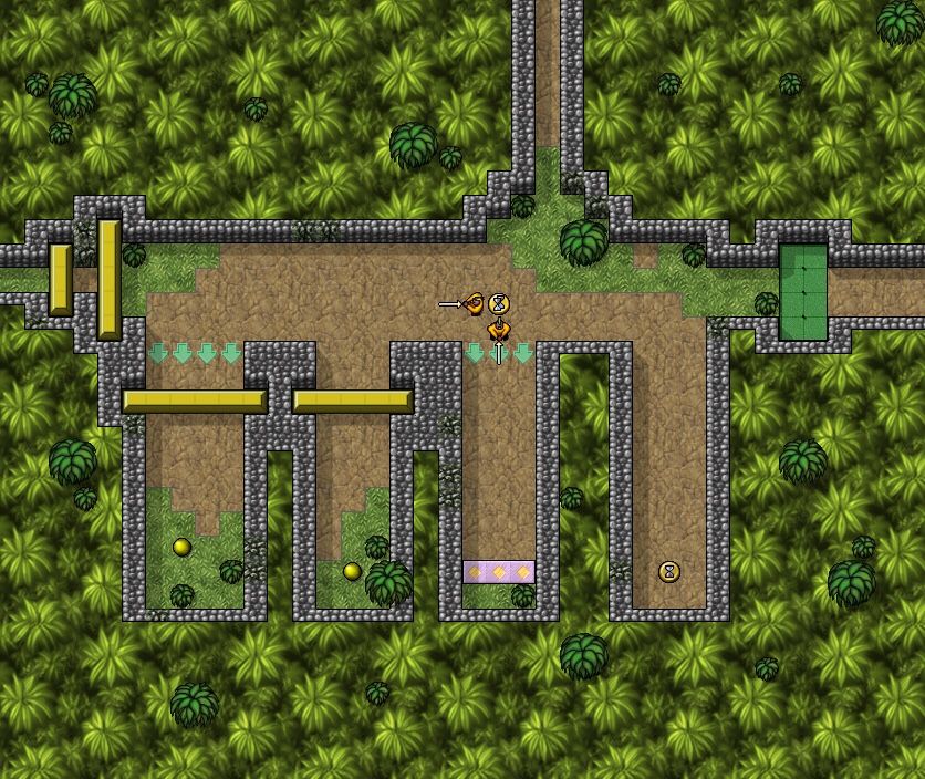 A screenshot of the fifth game of the Deadly Rooms of Death series, The Second Sky. Shows a puzzle room with time tokens that allow you to create clones of yourself that will repeat actions you performed in the past.