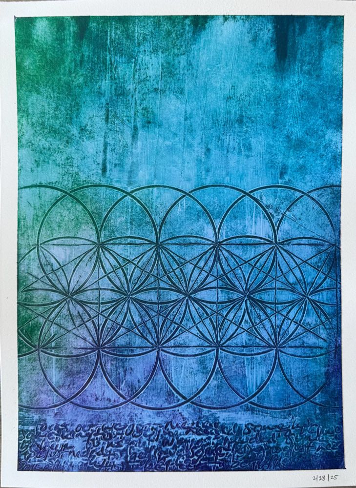 An 8.5x11” abstract painting that’s mostly blue and purple and green. There’s a lot of fun and uneven textures. Across the bottom a series of circles and lines have been inscribed into the paint. Below that, some illegible text is scrawled across the very bottom. 
 