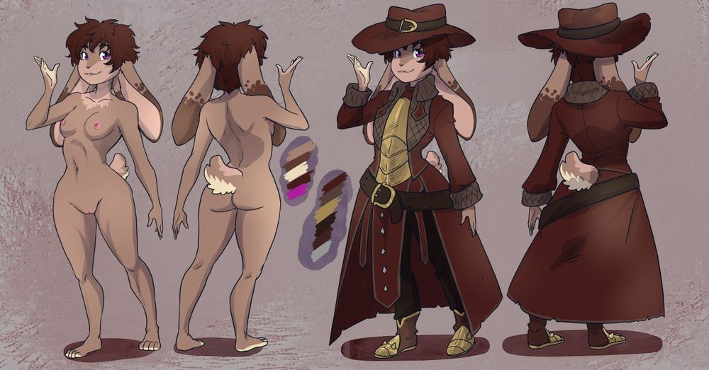 Reference sheet of Luz, short hair, light brown fur, purple eyes. 