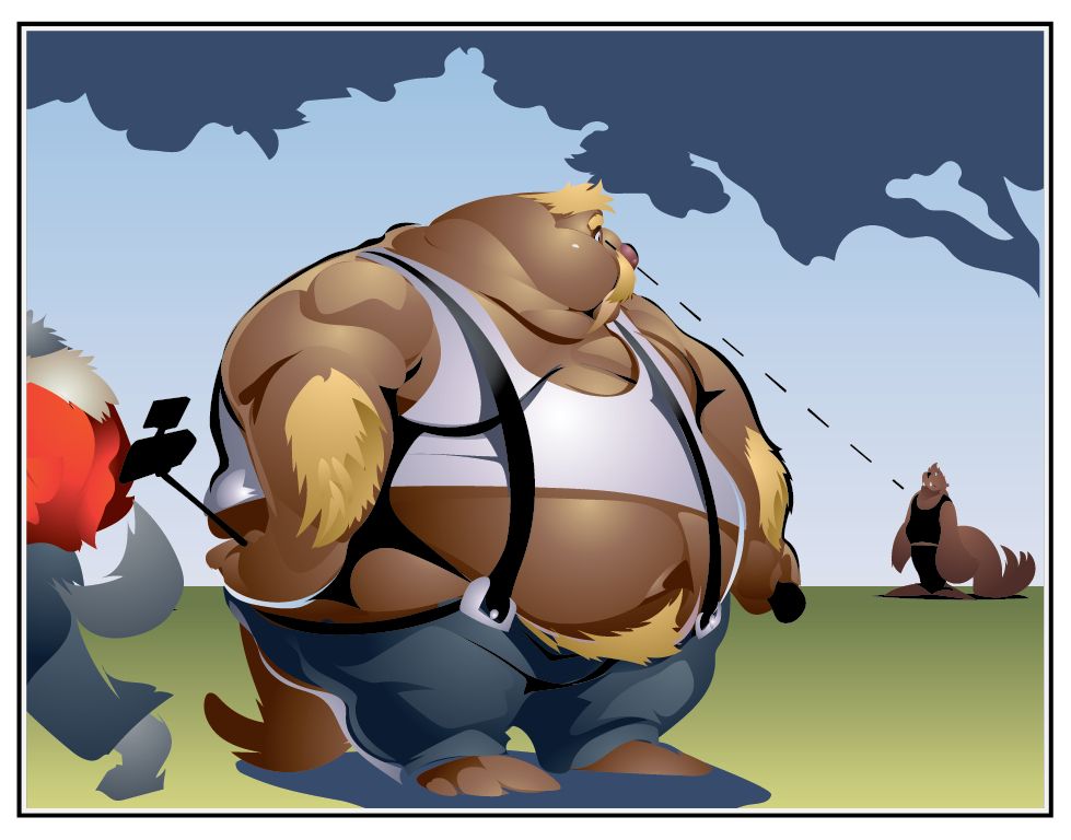 The "next person" looks to be already here!  Brennan and the walrus spot each other from across the park, locking eyes.  He stands straight, looking almost dopey, as if curious to see the direction this interaction will go.  The wolf walks off, already halfway off the composition.  The silence in this image is palpable.