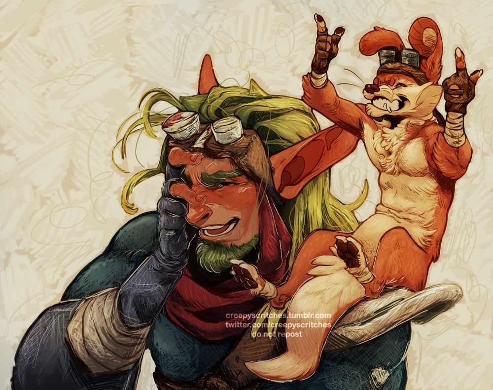 A brightly lit drawing of Jak with Daxter jovially perched on his shoulder. Both are laughing at a shared bit of humor. 