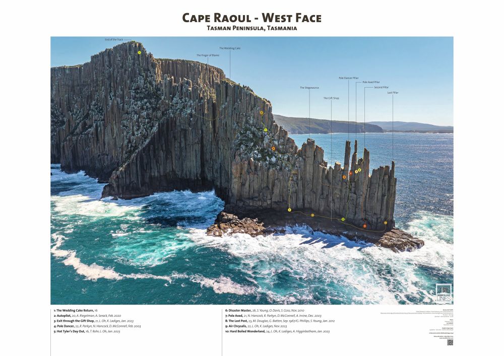 All the climbing routes on Cape Raoul, Tasmania