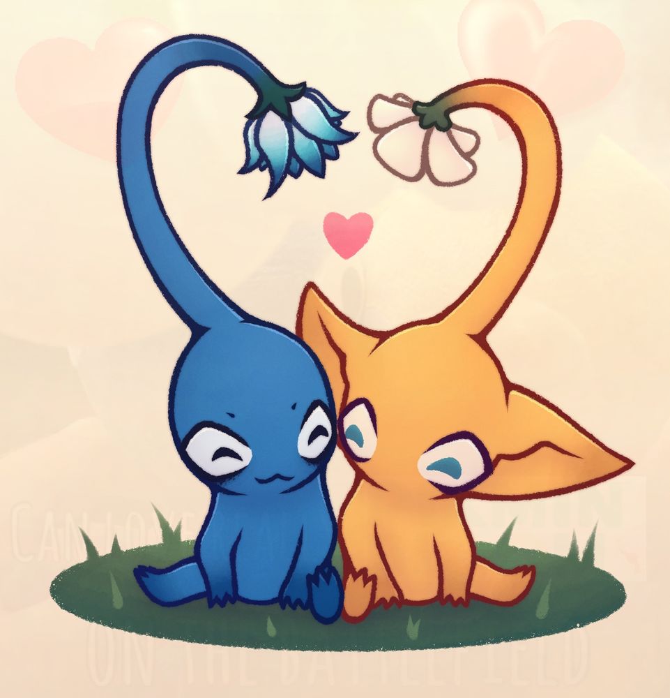 Left character belongs to me, Right character belongs to EpicYoshiMaster on artfight

A blue pikmin and yellow pikmin character sitting close to each other making a heart shape out of their stems. There is absolutely nothing else to the image