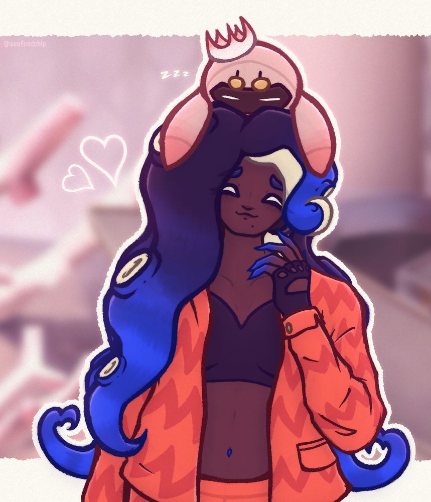 A colored doodle of Marina with Pearl drone resting on her head. Based on a screenshot from the game where in the Order Sector Pearl drone is positioned in a way that makes it look like she is sleeping on Marina’s head