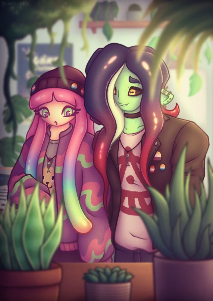 A drawing of Harmony and Acht hanging out in Acht’s apartment with warm lighting. Acht is leaning slightly into Harmony who is looking at the plants in the foreground. There are more plants in the background of the kitchen area. Harmony has buttons of the Transgender, Lesbian, and Aroace flag on her beanie. Acht has buttons of the Nonbinary, Lesbian, and Aroace flags on their jacket. The two also have matching fish skeleton necklaces.