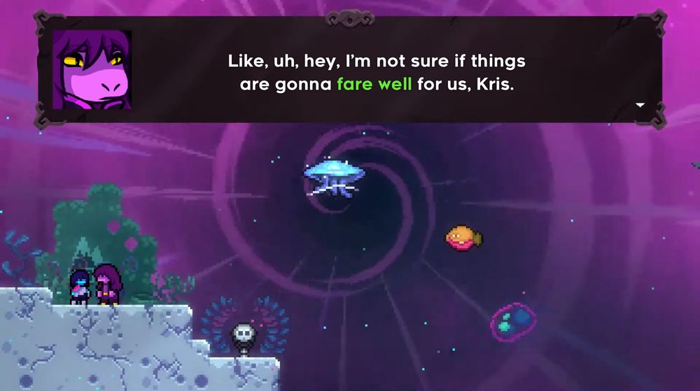A screenshot from Chapter 9 of Celeste edited to include custom sprites of Kris and Susie. The text box has been edited to have custom dialogue art of Susie in Celeste’s text sprite art style. The dialogue reads “Like, uh, hey, I’m not sure if things are gonna fare well for us, Kris.”
