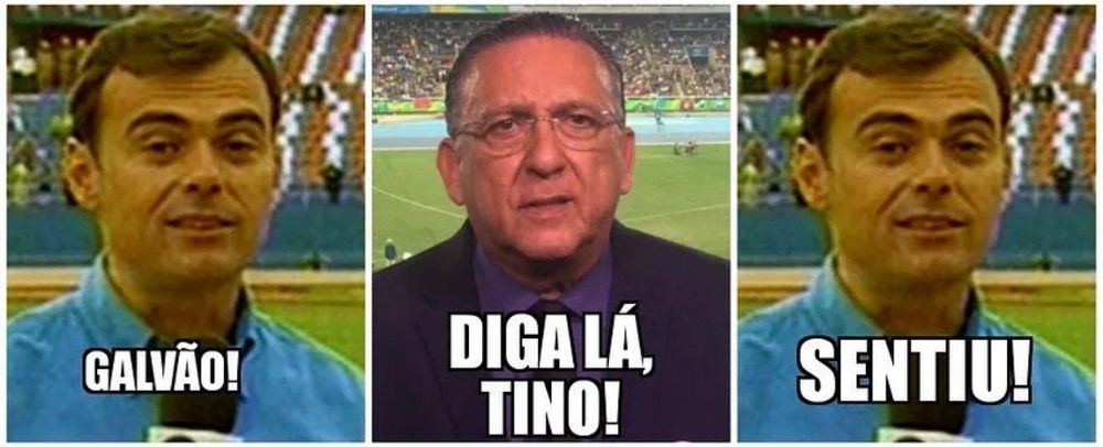 Meme de conversa entre Galvão e Tino Marcos: "Galvão", "Diga lá, Tino", "Sentiu!"
