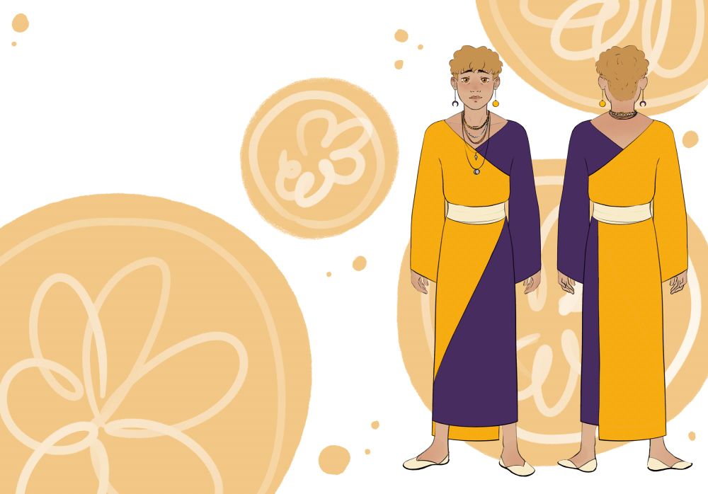 Front and back drawings of Alex, a young man with curly blond hair and a constant sunburn. He wears a robe that symbolizes the sun and the moon and has sun and moon earrings.