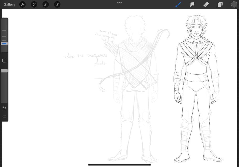In progress lineart of Silas, an elf soldier.