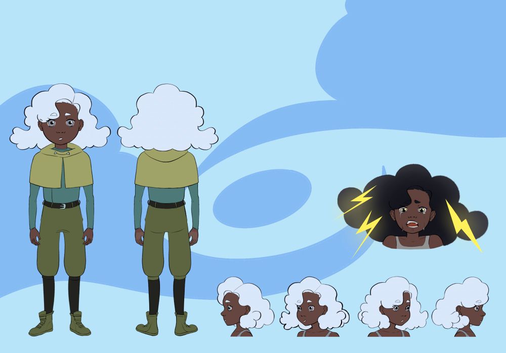 Reference sheet of Era, a 9 year old girl with dark skin and cloud hair.
