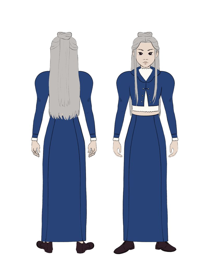 Back and front drawings of Luna, an asian woman with silver hair and a dark blue two-piece jacket and skirt.