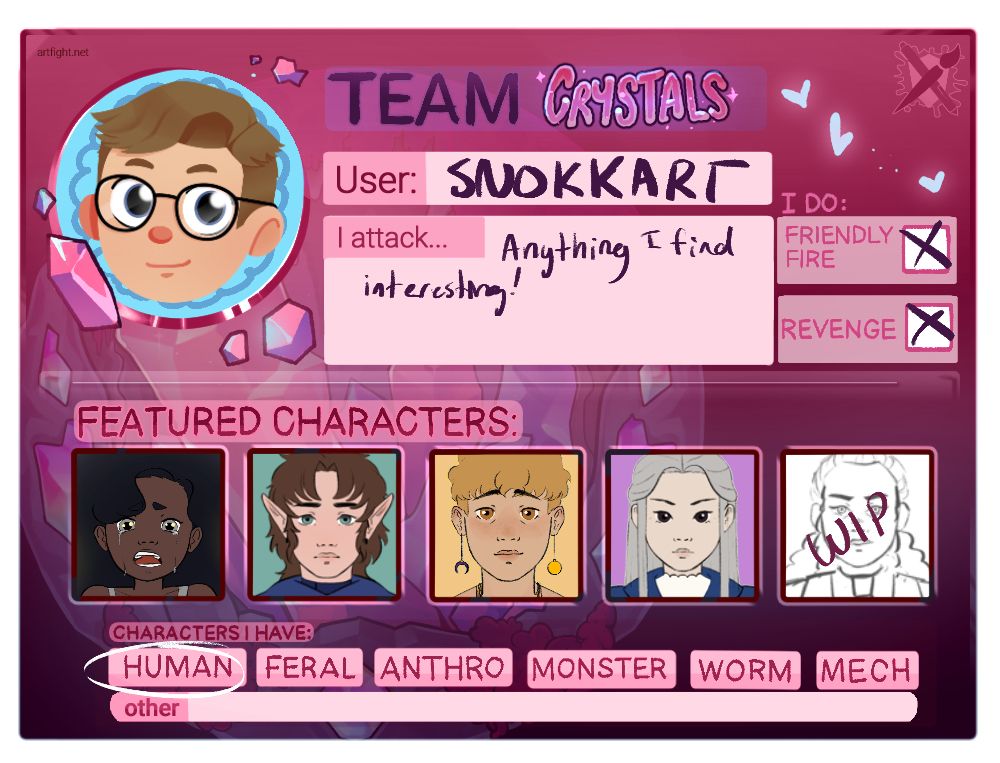 Filled out Art Fight team card for team Crystals