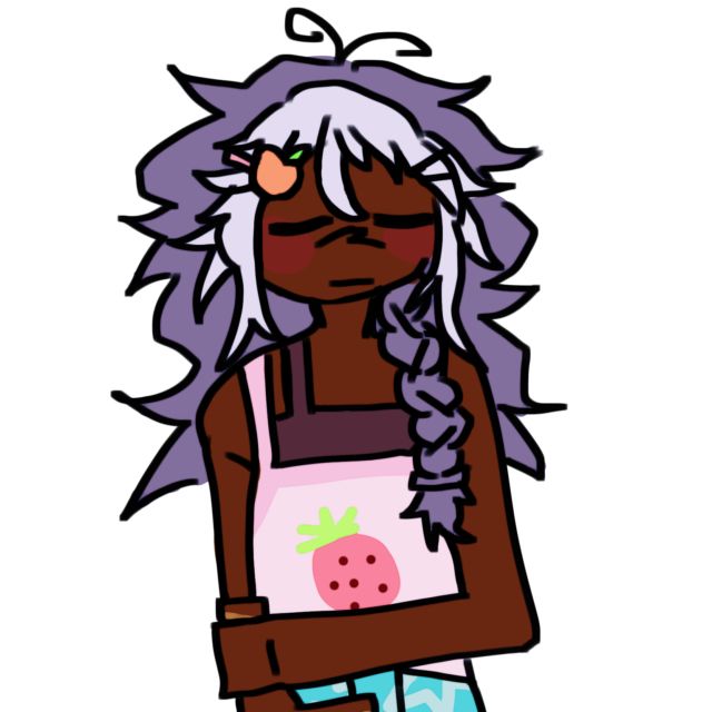 a drawing of masilen in sleep attire. wearing a pink strawberry shirt and blue starred pajama shorts