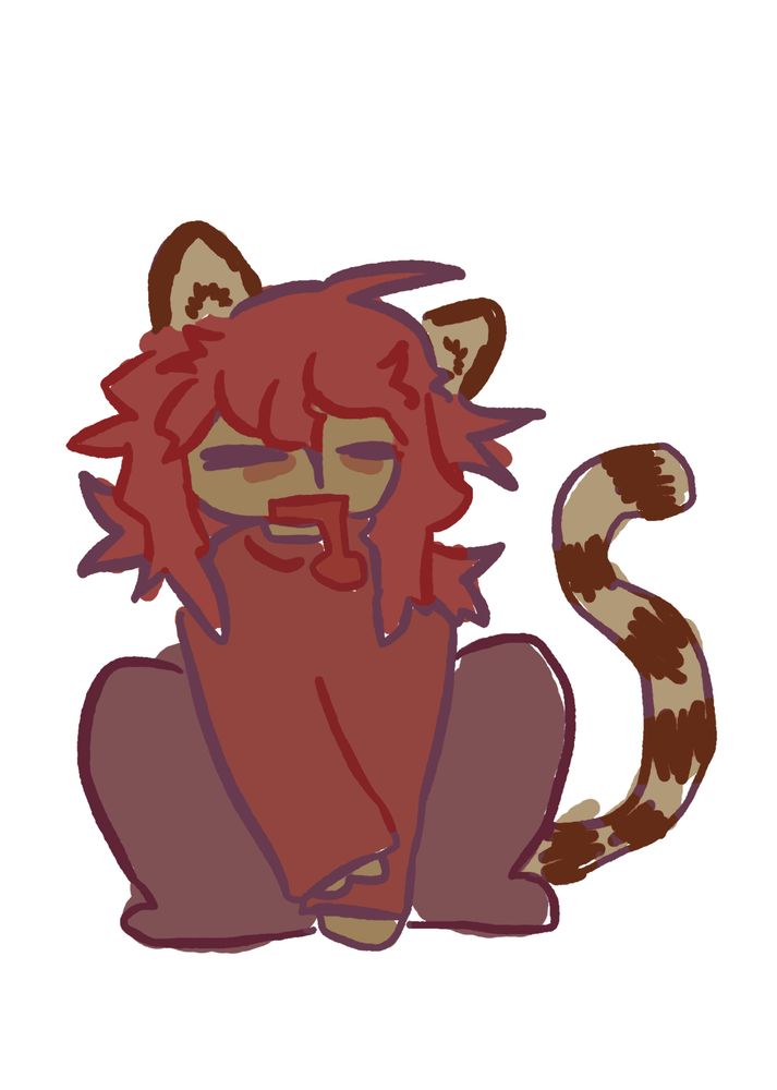 a sprite of a tan “cat” girl. she has brown hair and an orangeish colored shirt with brown pants. she’s drooling with her eyes closed.
