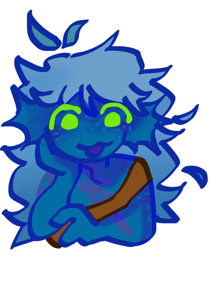 a drawing of a sea-like creature with blue skin and paler blue hair. their cheek rests in their palm as they talk, smiling
