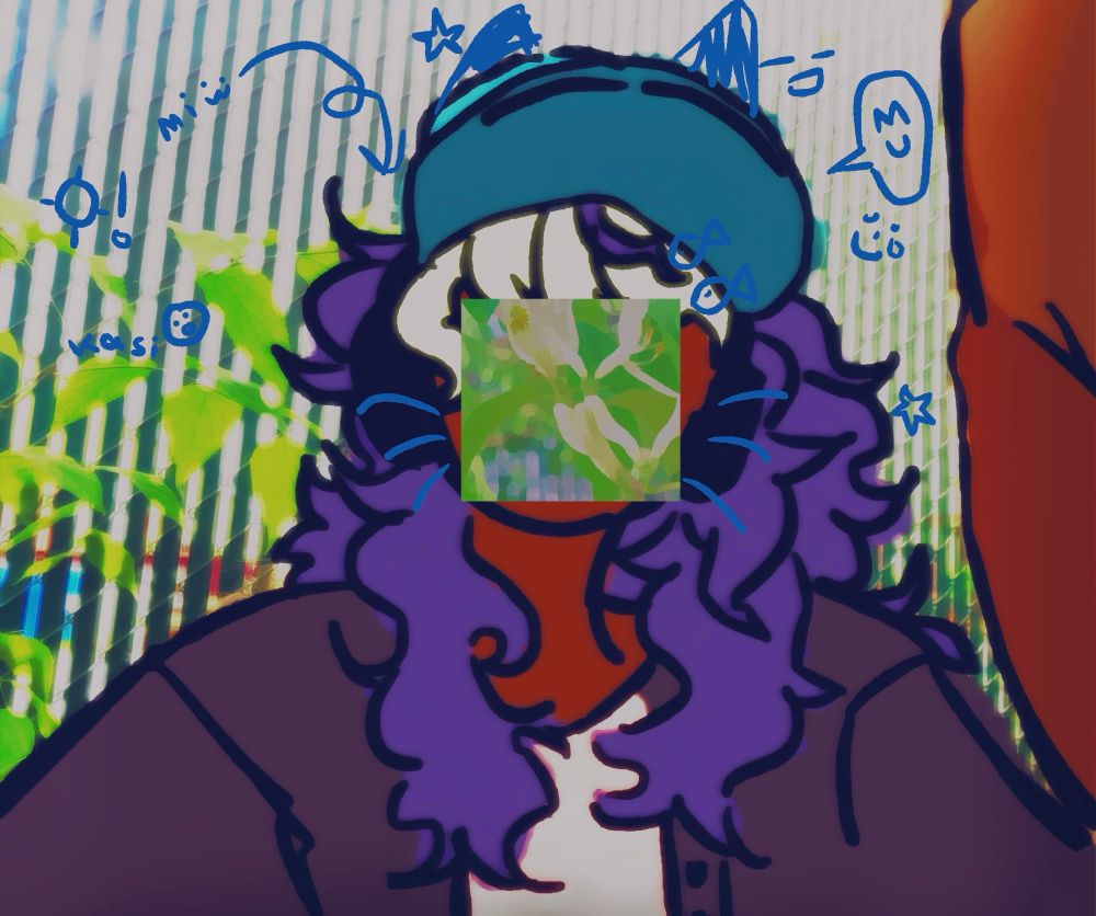 a drawing of a long purple haired androgynous person. they are taking a selfie. dark skin, a greyish jacket, and a white t-shirt. they have a blue hat and headphones. they are sitting behind a fence with foliage. there’s various doodles across the page and a picture of plants covers their face.