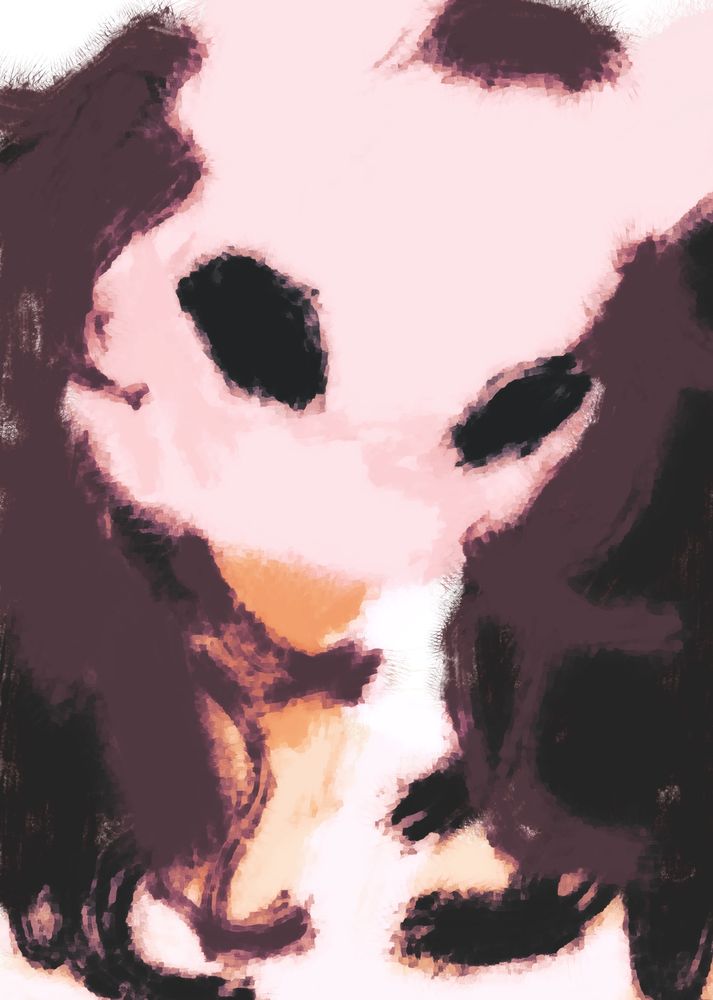 a smudged digital painting of a girl, kalema. she is wearing a bunny mask, a loose white bed gown, and has long curly brown hair.