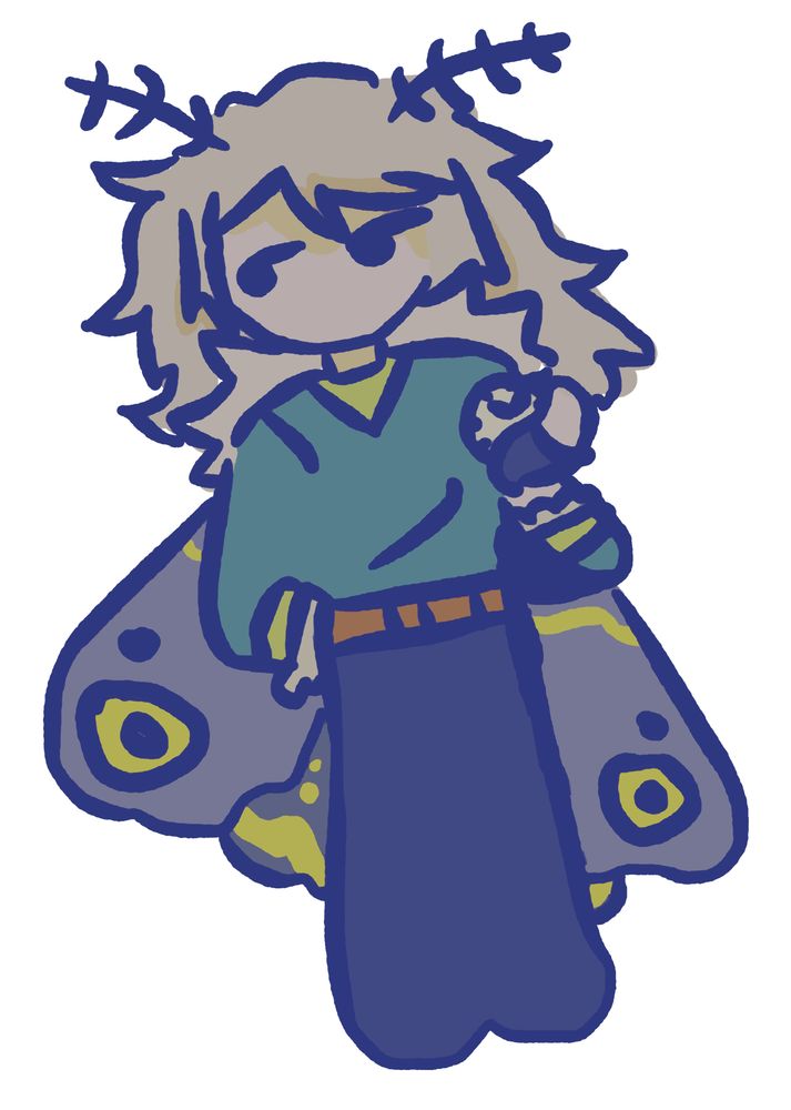 a sprite of an androgynous humanoid moth. they have antennas, pale complexion and hair, blue toned clothes, and grey+yellow wings
