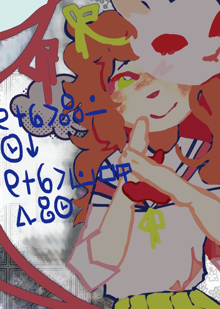 a drawing of a brownish haired girl with a rabbit mask and a schoolgirl outfit. both hands are held close to her chest/face. she is signing in american sign language, the sign for “quiet.” she has a smile, and somethings off about it. the image is distorted and has various textures and filters. there’s text sprawled across the screen written in toki pona sitelen, which reads: “mi en sina li kulupu lon tenpo ni. mi en sina li insa lipu ilo tawa jo tenpo.” the intended translation to english for this is, “you and me are connected now. we’re in a picture.”