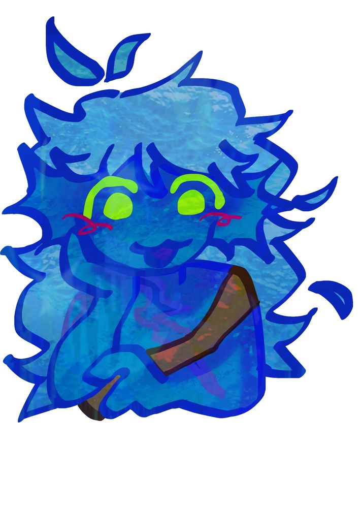 (with filter+distortion) a drawing of a sea-like creature with blue skin and paler blue hair. their cheek rests in their palm as they talk, smiling