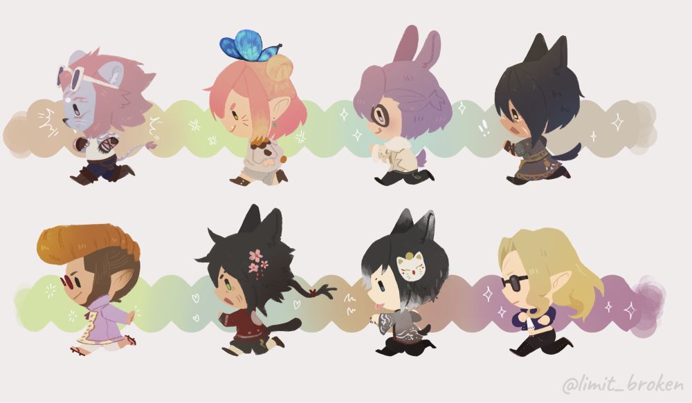 Eight tiny chibi renditions of warriors of light, running in a line.