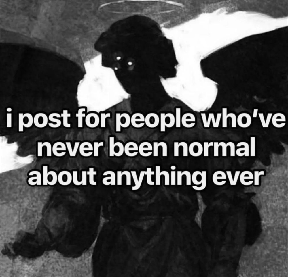 an angel with black wings 🪽 & three eyes with text that reads 
“i post for people who’ve never been normal about anything ever”