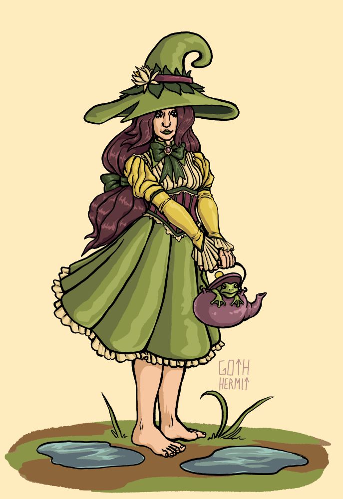 a digital illustration of a witch wearing a pointed witch hat with a lily pad shaped brim holding a tea pot with a frog inside of it standing on a oval of grassy ground with two puddles
