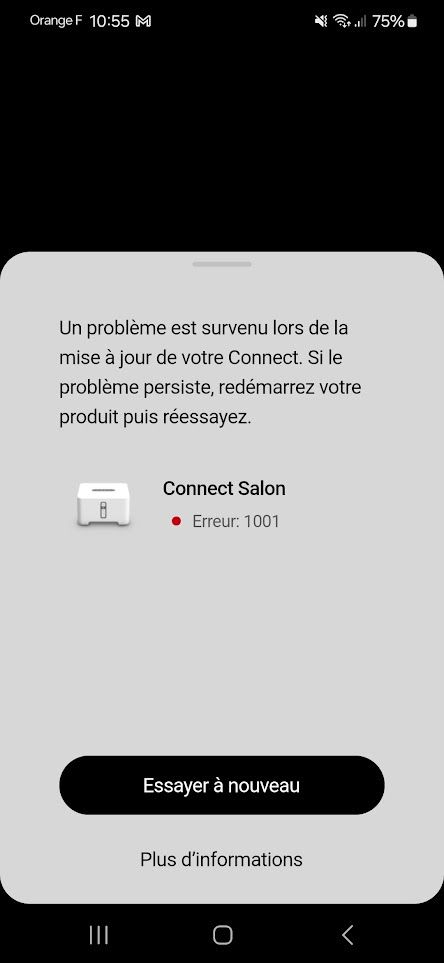 Sonos app screenshot showing an error message after a failed system update.