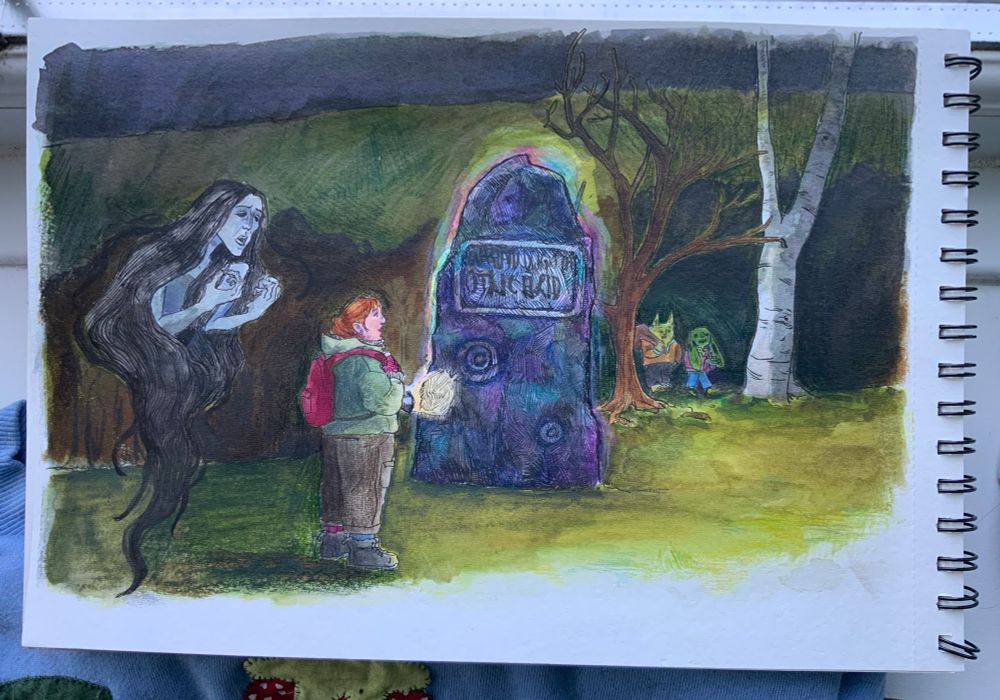 an a4 illustration of a scene from goblins podcast where Elizabeth comes across a large standing stone that should not be there. she is a stocky white woman with red hair holding a torch up to the stone as behind her Nix, a poltergeist whose form is mainly wafting strands of black hair, angrily shouts at her. the stone stands in front of a woodland that sits at the bottom of Cissbury Ring, and emerging from some trees are Tripe and Hooper, two goblins. Tripe has a sack over one shoulder and Hooper is gesturing frustratedly as they walk together. Tripe has sticky up pointy ears and is a lighter green, and Hooper has long floppy ears and is a darker forest green. 