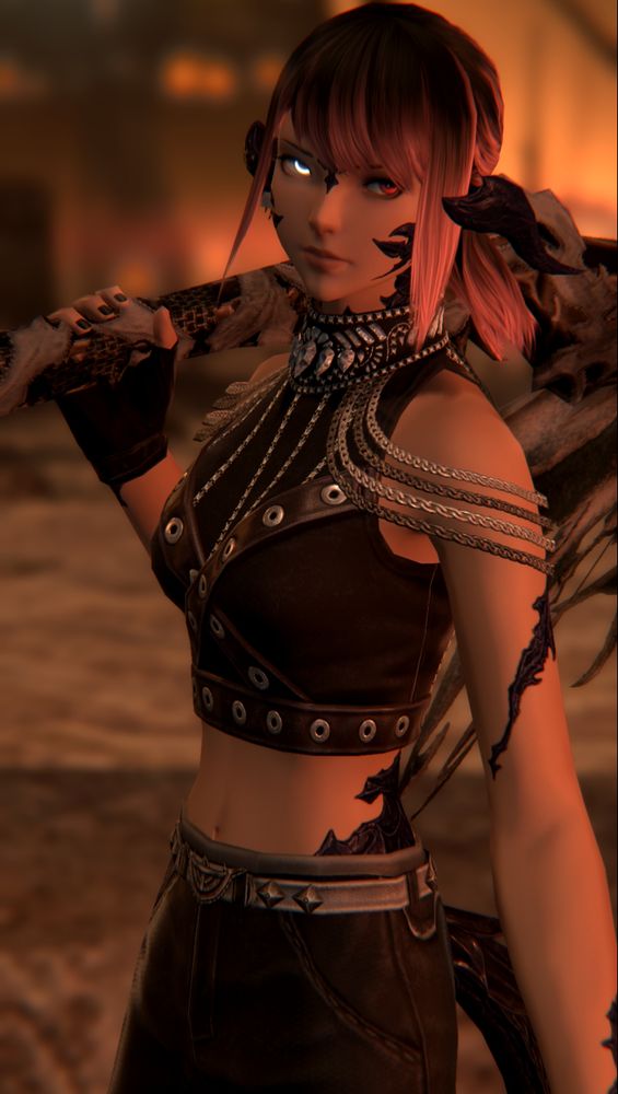 Faye standing holding their scythe over their shoulder as they glare off to the side