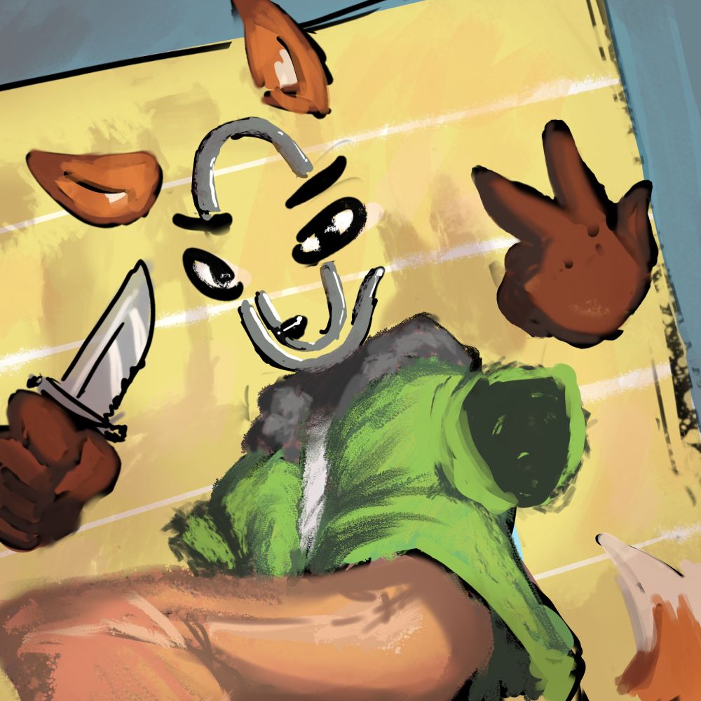 Clippy as an anthropomorphic fox, A clipsona if you will. they're holding a knife, while throwing a piece sign