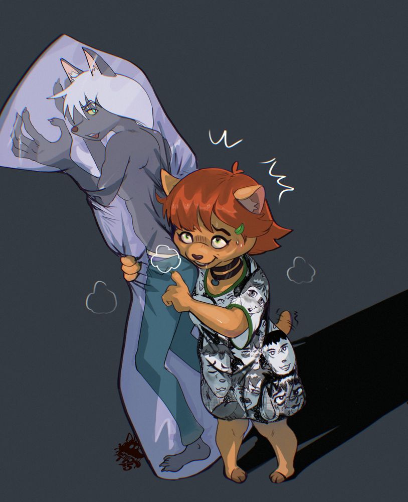 A strange bear like creature can be seen hugging/huffing a dakimakura on which is emblazoned a lithe silver wolf with flowing hair, piercing eyes, and large  slender hands.  She looks up at the viewer while wearing an oversized shirt covered in drawing of beautiful kemono boys in the throws of passion (ahegao yoai).  With orange hair held in place by a green leaf shaped clip, her expression beckons the viewer to join her in the land of pretty anime boys.  Her stubby tail wagging excitedly.