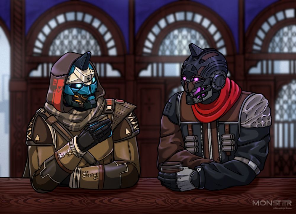 Exo titan having a drink with cayde 6 at a bar