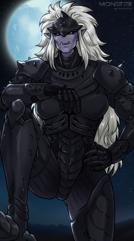 Giant purple alien Lady is spiky armor with moon behind her 
